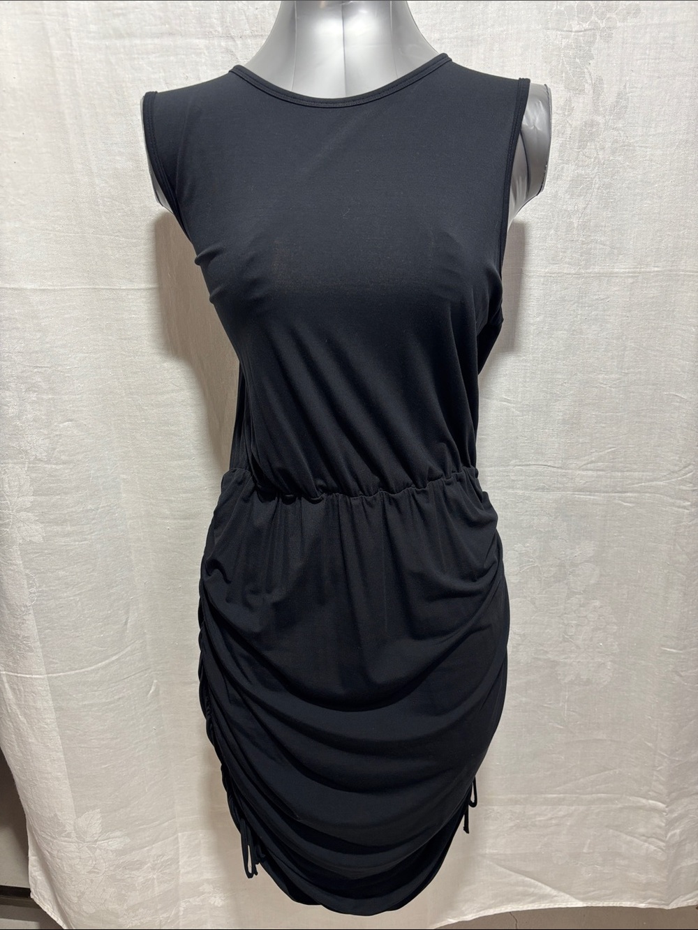 Calvin Klein Black Sleeveless Ruched Drawstring Midi Dress -stretch party trendy